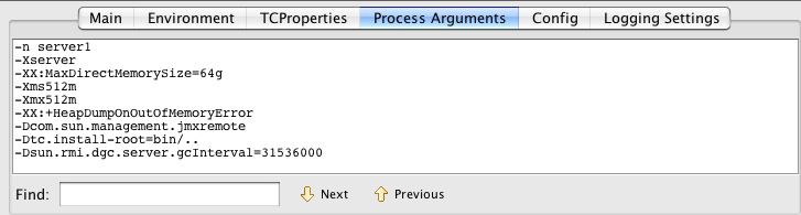 Terracotta Developer Console Server Process Arguments Panel